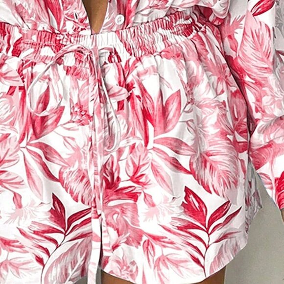 Watermelon Pink Boho Women's Tropical Print Long Sleeve Shirt & Shorts Set - Picture 3 of 4
